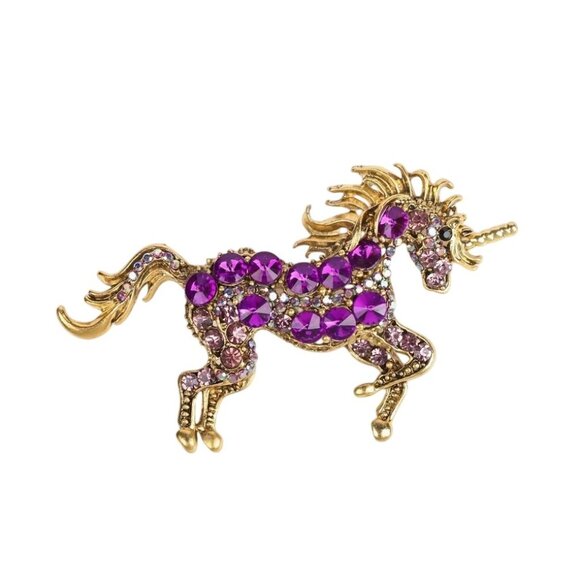 Jewelry - Purple & Pink Crystal Unicorn Pendant / Brooch Gold Tone